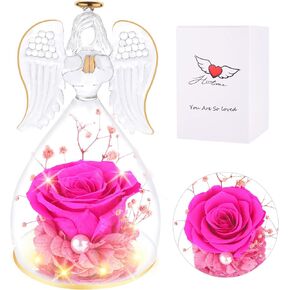 Prayer Angel, Mothers Day Flower Gifts Glass Guardian Angel Figurine, Preserved Forever Real Rose Gifts for Women, Angel Guardian with Rose for Valentine Day Chrismas