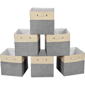 Foldable Storage Bins 13x13 Storage Cubes Fabric Linen Storage Baskets for Shelves Drawer with Handles for Organizing Closet, Utility Room, Storage Room, Nursery, Bedroom Set of 4 Beige & Grey