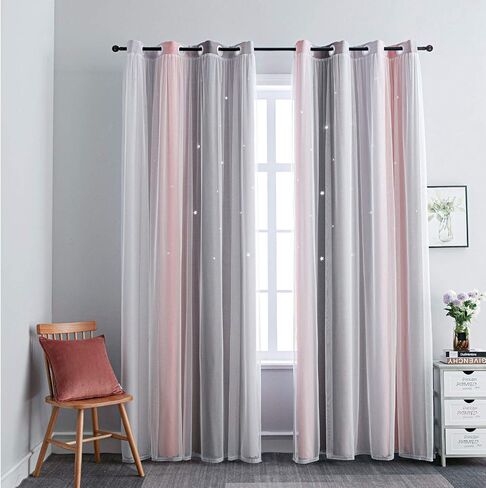 FANLI 72 Length Star Blackout Curtains for Kid Girls Bedroom Ombre Rainbow Darking Double Layer Star Cut Out Wall Home Decor Gradient Grommet Window Curtains (Pink White72L) in Saudi Arabia