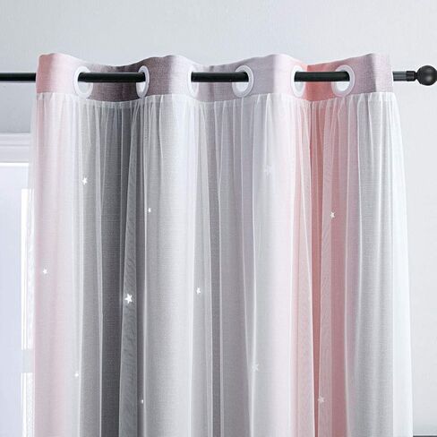 FANLI 72 Length Star Blackout Curtains for Kid Girls Bedroom Ombre Rainbow Darking Double Layer Star Cut Out Wall Home Decor Gradient Grommet Window Curtains (Pink White72L) in Saudi Arabia