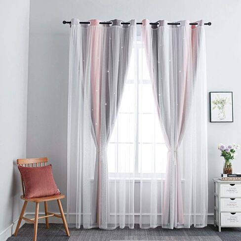 FANLI 72 Length Star Blackout Curtains for Kid Girls Bedroom Ombre Rainbow Darking Double Layer Star Cut Out Wall Home Decor Gradient Grommet Window Curtains (Pink White72L) in Saudi Arabia
