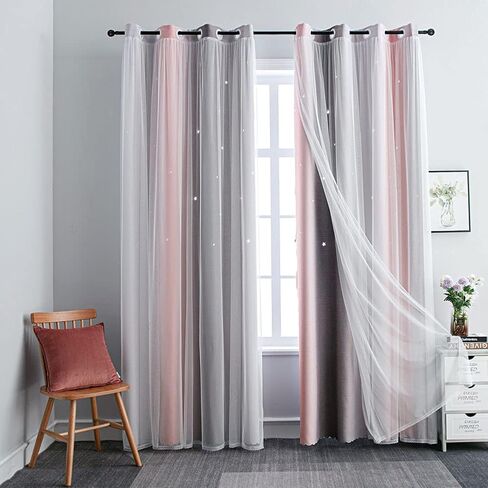 FANLI 72 Length Star Blackout Curtains for Kid Girls Bedroom Ombre Rainbow Darking Double Layer Star Cut Out Wall Home Decor Gradient Grommet Window Curtains (Pink White72L) in Saudi Arabia