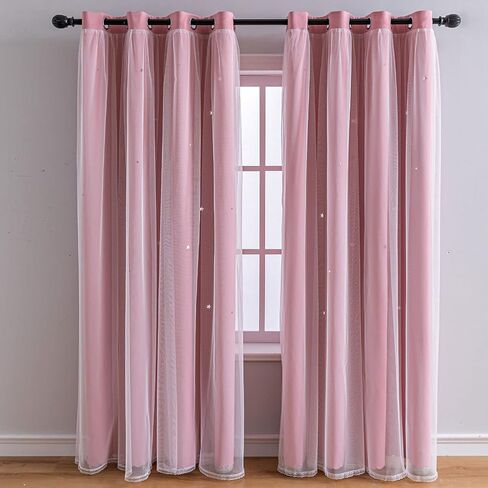 FANLI 72 Length Star Blackout Curtains for Kid Girls Bedroom Ombre Rainbow Darking Double Layer Star Cut Out Wall Home Decor Gradient Grommet Window Curtains (Pink White72L) in Kuwait
