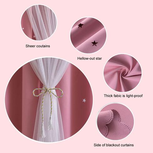 FANLI 72 Length Star Blackout Curtains for Kid Girls Bedroom Ombre Rainbow Darking Double Layer Star Cut Out Wall Home Decor Gradient Grommet Window Curtains (Pink White72L) in Kuwait