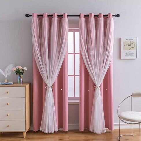 FANLI 72 Length Star Blackout Curtains for Kid Girls Bedroom Ombre Rainbow Darking Double Layer Star Cut Out Wall Home Decor Gradient Grommet Window Curtains (Pink White72L) in Kuwait
