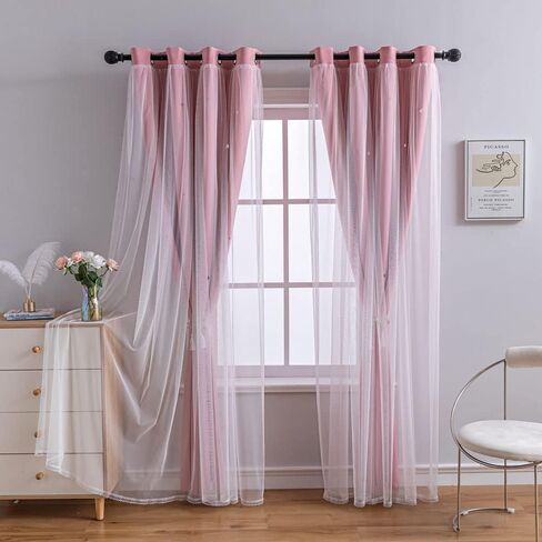 FANLI 72 Length Star Blackout Curtains for Kid Girls Bedroom Ombre Rainbow Darking Double Layer Star Cut Out Wall Home Decor Gradient Grommet Window Curtains (Pink White72L) in Kuwait