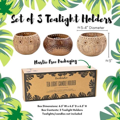 Coconut Shell Tealight Candle Holder: Votive Candle Holders for Centerpiece Table Decorations | Wedding Gift, Housewarming Gift, Wedding Candles, Boho Candles, 3 Packs in Kuwait