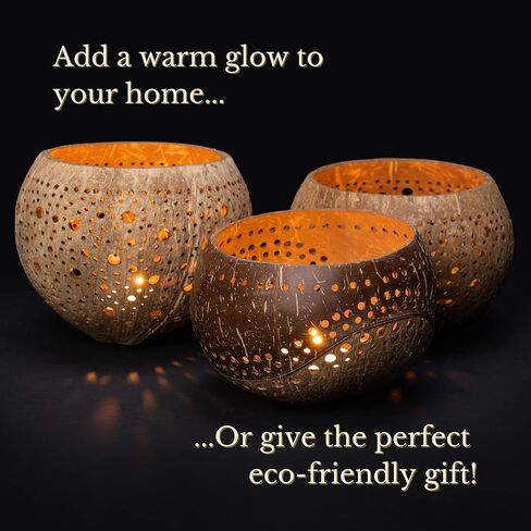 Coconut Shell Tealight Candle Holder: Votive Candle Holders for Centerpiece Table Decorations | Wedding Gift, Housewarming Gift, Wedding Candles, Boho Candles, 3 Packs in Kuwait