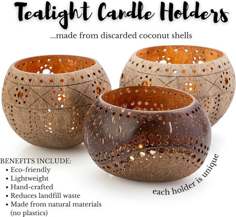 Coconut Shell Tealight Candle Holder: Votive Candle Holders for Centerpiece Table Decorations | Wedding Gift, Housewarming Gift, Wedding Candles, Boho Candles, 3 Packs in Kuwait