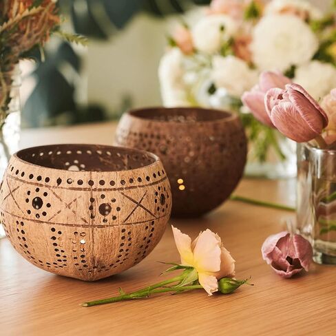 Coconut Shell Tealight Candle Holder: Votive Candle Holders for Centerpiece Table Decorations | Wedding Gift, Housewarming Gift, Wedding Candles, Boho Candles, 3 Packs in Kuwait