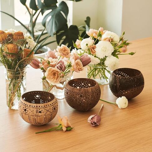 Coconut Shell Tealight Candle Holder: Votive Candle Holders for Centerpiece Table Decorations | Wedding Gift, Housewarming Gift, Wedding Candles, Boho Candles, 3 Packs in Kuwait