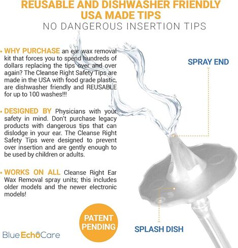 كلينس رايت - مجموعة إزالة شمع الأذن - حلزوني للأذن مصنوع في الولايات المتحدة الأمريكية، بديل أعواد القطن، صنع في الولايات المتحدة الأمريكية، قابل لإعادة الاستخدام، نصائح صديقة للغسل في غسالة الأطباق! حوض غسيل، حقنة. أداة ري منظفة لإزالة انسداد شمع الأذن in Kuwait