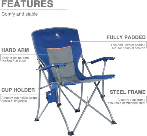 كرسي تخييم قابل للطي من أي وقت مضى مع حامل أكواب وذراع مبطن رباعي، إطار فولاذي قابل للطي خارجي كبير الحجم وشديد التحمل يدعم 300 رطل in Kuwait