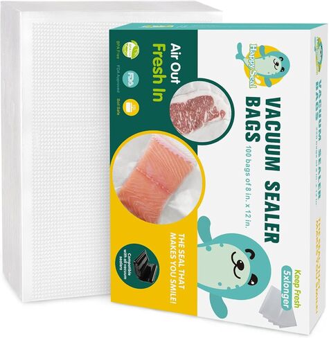 أكياس هابي سيل مانعة للتسرب، 100 لتر، 8 × 12 بوصة، أكياس تخزين الطعام مسبقة القطع، ختم وجبة، خالية من البيسفينول أ، شديدة التحمل، درجة تجارية، فيديو رائع in Kuwait