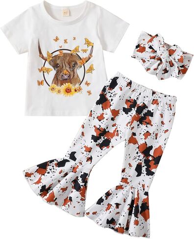 ملابس أطفال بناتي من GRNSHTS ملابس علوية مطبوعة بحروف للفتيات الصغيرات + سراويل سفلية على شكل جرس زهري + رباط رأس 3 قطعة ملابس صيفية in Kuwait