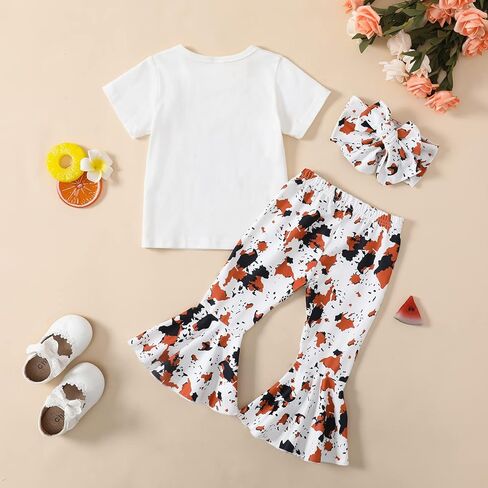 ملابس أطفال بناتي من GRNSHTS ملابس علوية مطبوعة بحروف للفتيات الصغيرات + سراويل سفلية على شكل جرس زهري + رباط رأس 3 قطعة ملابس صيفية in Kuwait