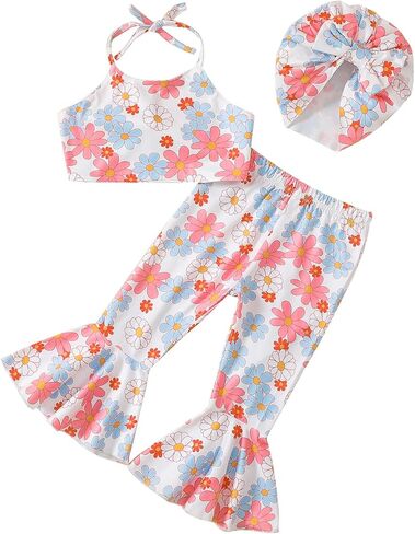 ملابس GRNSHTS للأطفال البنات ملابس علوية قصيرة مطبوعة بالزهور + سراويل مضيئة ملابس سفلية صيفية للفتيات الصغيرات in Kuwait