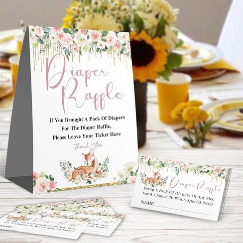 لافتة يانصيب الحفاضات، تذكرة إدراج لحيوانات الغابات والغزلان الوردي الوردي، مجموعة ديكورات لعبة استحمام الطفل (لافتة واحدة + 50 بطاقة)، ​​إنها فتاة in Kuwait