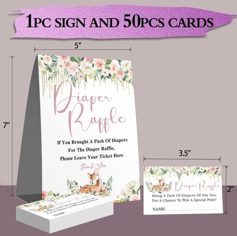 لافتة يانصيب الحفاضات، تذكرة إدراج لحيوانات الغابات والغزلان الوردي الوردي، مجموعة ديكورات لعبة استحمام الطفل (لافتة واحدة + 50 بطاقة)، ​​إنها فتاة in Kuwait