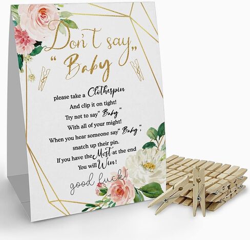 لافتة ألعاب Don't Say Baby clothespin (علامة واحدة + 50 دبوس ملابس صغير)، ألعاب استحمام الطفل بالورود الذهبية والوردية، ديكور حمام الطفل، حمام طفل محايد للجنسين - (2A) in Kuwait