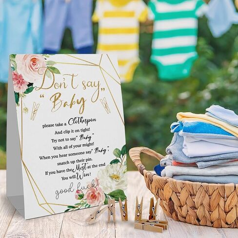لافتة ألعاب Don't Say Baby clothespin (علامة واحدة + 50 دبوس ملابس صغير)، ألعاب استحمام الطفل بالورود الذهبية والوردية، ديكور حمام الطفل، حمام طفل محايد للجنسين - (2A) in Kuwait