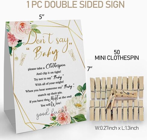 لافتة ألعاب Don't Say Baby clothespin (علامة واحدة + 50 دبوس ملابس صغير)، ألعاب استحمام الطفل بالورود الذهبية والوردية، ديكور حمام الطفل، حمام طفل محايد للجنسين - (2A) in Kuwait