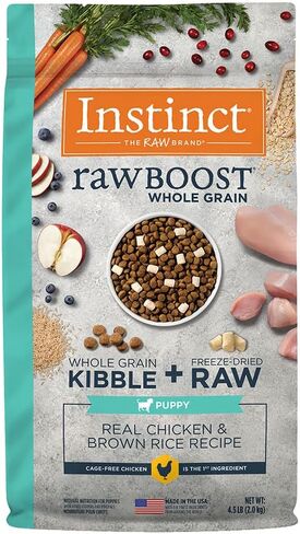 طعام الكلاب الجاف ذو الحبوب الكاملة من Instinct Raw، وصفة طبيعية للكلاب مع أوميغا + طعام الكلاب الخام المجفف بالتجميد، 20 رطل. in Kuwait
