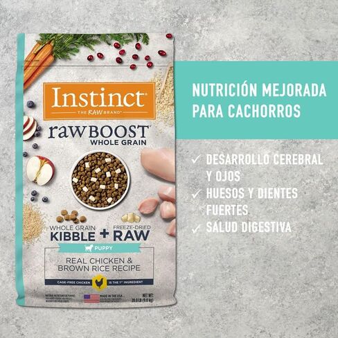 طعام الكلاب الجاف ذو الحبوب الكاملة من Instinct Raw، وصفة طبيعية للكلاب مع أوميغا + طعام الكلاب الخام المجفف بالتجميد، 20 رطل. in Kuwait