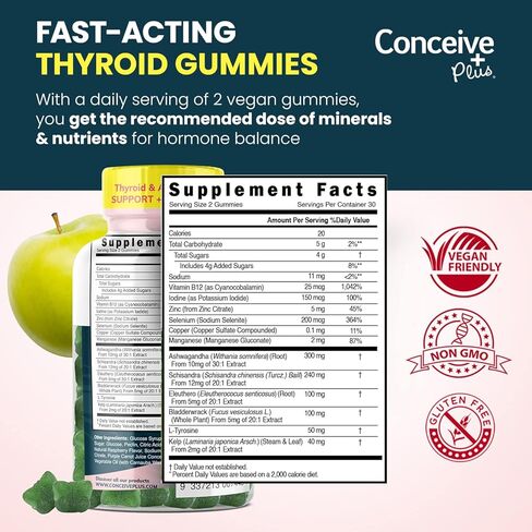 CONCEIVE PLUS دعم الغدة الدرقية - دعم الغدة الدرقية مع اليود وعشب البحر والأشواغاندا وBladerwrack - غير معدل وراثيًا، 60 قطعة تكفي لمدة 30 يومًا in Kuwait