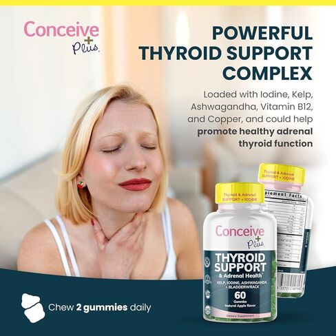 CONCEIVE PLUS دعم الغدة الدرقية - دعم الغدة الدرقية مع اليود وعشب البحر والأشواغاندا وBladerwrack - غير معدل وراثيًا، 60 قطعة تكفي لمدة 30 يومًا in Kuwait