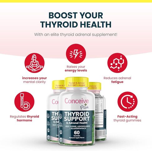 CONCEIVE PLUS دعم الغدة الدرقية - دعم الغدة الدرقية مع اليود وعشب البحر والأشواغاندا وBladerwrack - غير معدل وراثيًا، 60 قطعة تكفي لمدة 30 يومًا in Kuwait