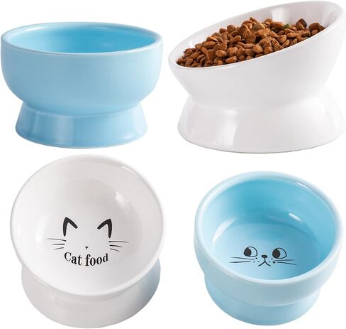 أوعية القطط المرتفعة من السيراميك من أومايكي، أوعية طعام ومياه مرتفعة مائلة للقطط، من البورسلين لحماية أطباق العمود الفقري للحيوانات الأليفة للقطط والكلاب الصغيرة والقطط، أبيض وأزرق، مجموعة من 4 قطع in Kuwait