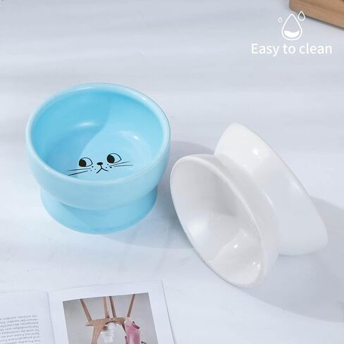 أوعية القطط المرتفعة من السيراميك من أومايكي، أوعية طعام ومياه مرتفعة مائلة للقطط، من البورسلين لحماية أطباق العمود الفقري للحيوانات الأليفة للقطط والكلاب الصغيرة والقطط، أبيض وأزرق، مجموعة من 4 قطع in Kuwait