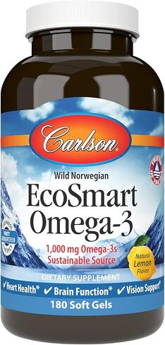 Carlson - EcoSmart Omega-3, 1000 mg Omega-3s, Sustainable Source, Heart Health, Brain Function & Vision Support, Lemon, 180 Softgels in Saudi Arabia