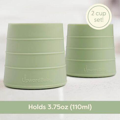 طقم أكواب سيليكون مكونة من قطعتين من UpwardBaby - كوب مفتوح للأطفال الانتقالي من الزجاجة + أكواب للأطفال الصغار سهلة الإمساك ومضادة للانسكاب لعمر سنة واحدة + كوب سيليكون مونتيسوري لمستلزمات الفطام للأطفال آمنة للاستخدام في غسالة الأطباق (أخضر) in Kuwait