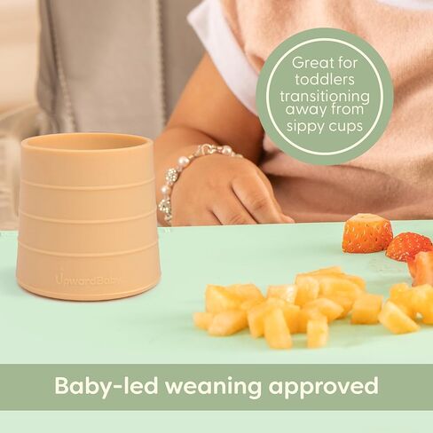 طقم أكواب سيليكون مكونة من قطعتين من UpwardBaby - كوب مفتوح للأطفال الانتقالي من الزجاجة + أكواب للأطفال الصغار سهلة الإمساك ومضادة للانسكاب لعمر سنة واحدة + كوب سيليكون مونتيسوري لمستلزمات الفطام للأطفال آمنة للاستخدام في غسالة الأطباق (أخضر) in Kuwait