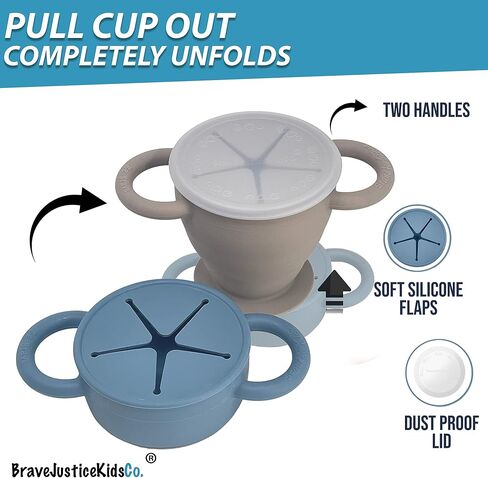 شركة BraveJusticeKidsCo. | كوب الوجبات الخفيفة من السيليكون للأطفال من سناك أتاك II | 2 عبوة | كوب الوجبات الخفيفة القابل للطي للأطفال الصغار (الضباب والورد المغبر) in Kuwait
