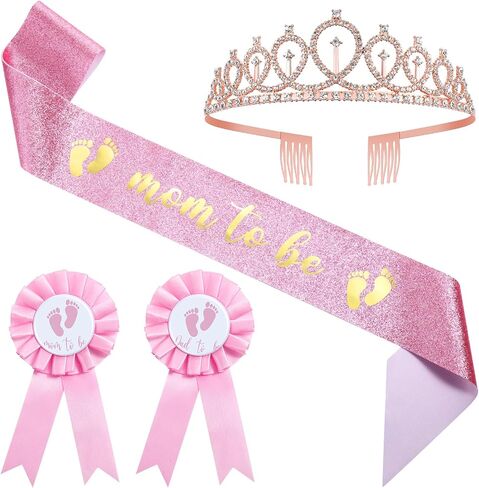ريموولي مجموعة زينة حفلات استقبال المولود الجديد مكونة من 4 قطع من وشاح وتاج بلون زهري مطبوع عليه عبارة «Mom to Be » «Mom to Be»، تاج لامع لحفلات استقبال المولود الجديد، تاج لامع للأم والأب ليكون وزر in Kuwait