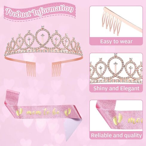 ريموولي مجموعة زينة حفلات استقبال المولود الجديد مكونة من 4 قطع من وشاح وتاج بلون زهري مطبوع عليه عبارة «Mom to Be » «Mom to Be»، تاج لامع لحفلات استقبال المولود الجديد، تاج لامع للأم والأب ليكون وزر in Kuwait