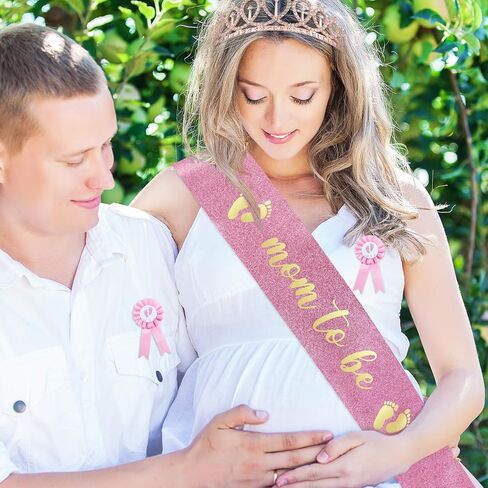 ريموولي مجموعة زينة حفلات استقبال المولود الجديد مكونة من 4 قطع من وشاح وتاج بلون زهري مطبوع عليه عبارة «Mom to Be » «Mom to Be»، تاج لامع لحفلات استقبال المولود الجديد، تاج لامع للأم والأب ليكون وزر in Kuwait