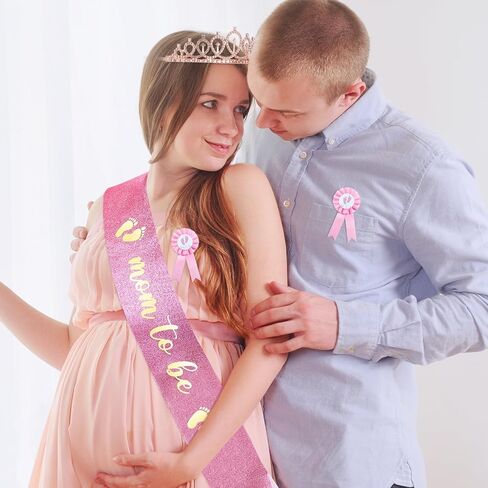 ريموولي مجموعة زينة حفلات استقبال المولود الجديد مكونة من 4 قطع من وشاح وتاج بلون زهري مطبوع عليه عبارة «Mom to Be » «Mom to Be»، تاج لامع لحفلات استقبال المولود الجديد، تاج لامع للأم والأب ليكون وزر in Kuwait