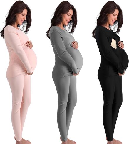 Cutecrop 3 Set Women Maternity Nursing Thermal Underwear Set Postpartum Pajamas, Long Sleeve Maternity Underwear Breastfeeding Maternity Clothing Sets Top Bottom Base Layer for Pregnancy, One Size in Saudi Arabia