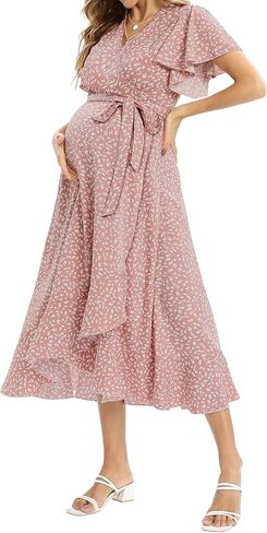 Floral Wrap Maternity Maxi Dress with Belt/Ruffle Flowy Side Slits Dress Baby Shower Casual in Saudi Arabia