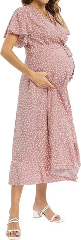 Floral Wrap Maternity Maxi Dress with Belt/Ruffle Flowy Side Slits Dress Baby Shower Casual in Saudi Arabia