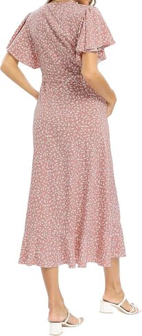 Floral Wrap Maternity Maxi Dress with Belt/Ruffle Flowy Side Slits Dress Baby Shower Casual in Saudi Arabia