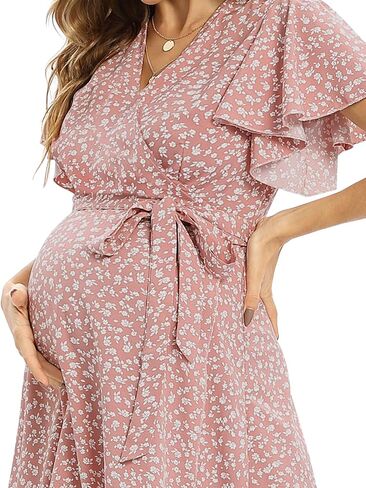 Floral Wrap Maternity Maxi Dress with Belt/Ruffle Flowy Side Slits Dress Baby Shower Casual in Saudi Arabia