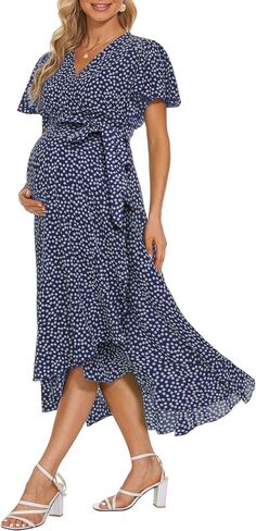 Floral Wrap Maternity Maxi Dress with Belt/Ruffle Flowy Side Slits Dress Baby Shower Casual in Saudi Arabia