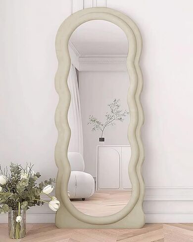 مرآة أرضية متموجة من Otlsh، مرآة كاملة الطول مقاس 63 بوصة × 24 بوصة مع حامل، فلانيل، مرآة متموجة غير منتظمة، نمط مموج، مرآة واقفة متموجة، مرآة حائط كبيرة، بيضاء قائمة بذاتها in Kuwait