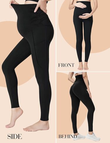 سراويل يوجا للنساء للحمل فوق البطن من Buauty، سراويل تمرين نشطة غير شفافة مع جيوب in Kuwait