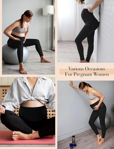 سراويل يوجا للنساء للحمل فوق البطن من Buauty، سراويل تمرين نشطة غير شفافة مع جيوب in Kuwait